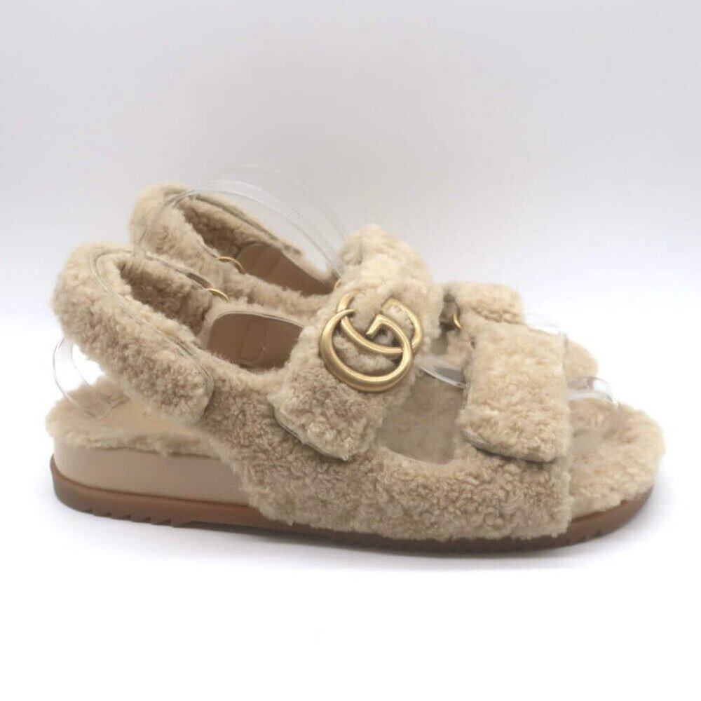 Gucci Double G Shearling Dad Sandals Beige Merino Wool Size 40 - Picture 3 of 16